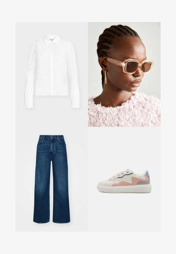 White blouse with a button-up design, featuring long sleeves with gathered detailing. Smooth fabric and classic collar shape.; High-waisted, wide-leg jeans in dark blue denim with a smooth texture, contrast stitching, and five-pocket design. Front button closure.; Low-top sneakers with a white synthetic upper, pink and gray suede accents, textured white rubber sole, and colorful laces.; Beige oversized sunglasses with a clear frame and brown tinted lenses, featuring subtle floral accents and bold, geometric design.; Brown suede tote bag with a soft texture, featuring a single shoulder strap and a subtle curved top opening. No visible hardware details.
