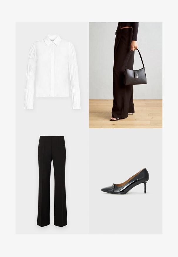 Biela blúzka s zapínaním na gombíky, s dlhými rukávmi s nariasenými detailmi. Hladká tkanina a klasický golier.; Čierne prispôsobené nohavice s rovnými nohavicami, vysokým pásom a prednými záhybmi, vystavené na jednoduchom pozadí.; Čierna lakovaná vysoká podpätková topánka s ostrým špičkou, dekoratívnym remienkom vpredu a tenkým stiletto podpätkom.; Čierna kabelka so štruktúrovaným tvarom, hladkou textúrou a kovovou sponou. V kombinácii so širokými čiernymi nohavicami a sandálmi s otvorenou špičkou na drevenej podlahe.