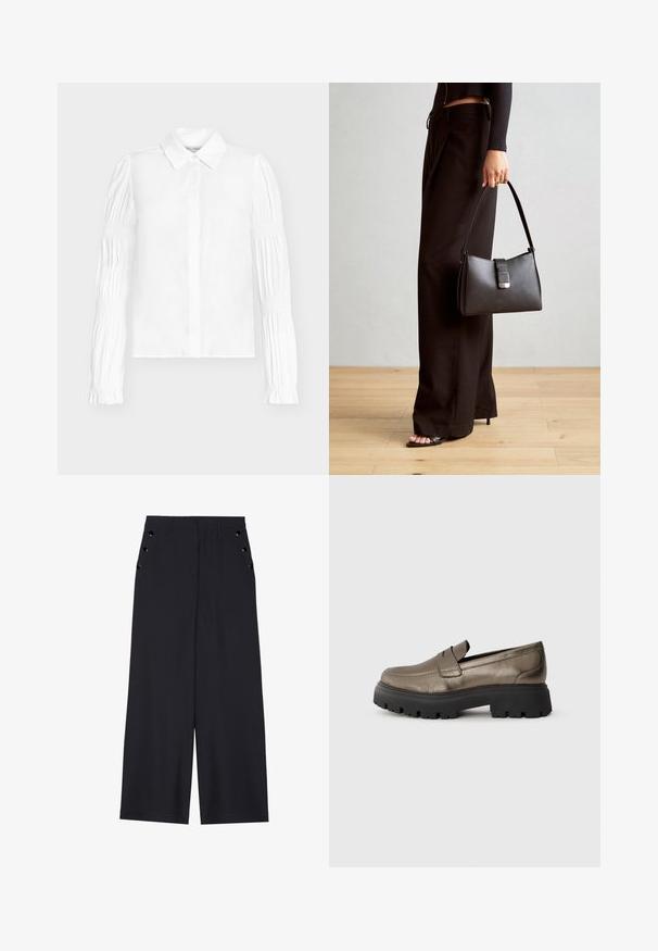 Blusa branca com design de botões, apresentando mangas compridas com detalhes franzidos. Tecido liso e gola clássica.; Calças largas de tecido azul marinho escuro, com uma textura suave, pregas frontais e ilhoses decorativos em tom dourado nos bolsos laterais.; Mocassins de couro verde-oliva metálico com bico arredondado, sola de borracha preta robusta e mínimos detalhes de costura na parte superior.; Bolsa preta com forma estruturada, textura suave e um fecho metálico. Combinada com calças largas pretas e sandálias de salto aberto sobre um chão de madeira.