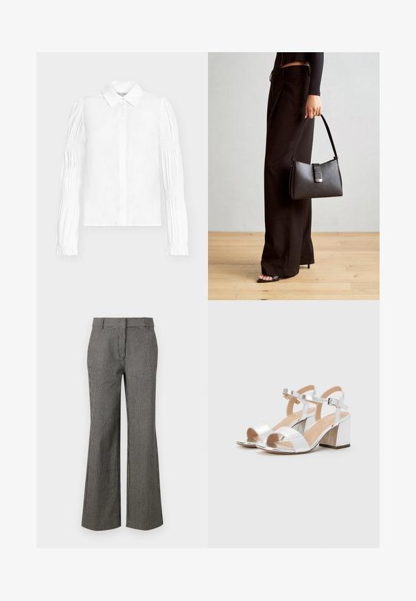 Fehér blúz gombos kialakítással, hosszú, redőzött ujjakkal. Sima anyag és klasszikus gallérforma.; Fekete-fehér csíkozott, bő szárú nadrág. Könnyű anyagból készült, sima tapintással. Derékpánttal és elülső zsebekkel rendelkezik.; Ezüst, nyitott orrú, magas sarkú szandálok, két széles pánttal és lekerekített tömbsarkúval. Simának tűnő, fényes felület.; Fekete kézi táska strukturált formával, sima textúrával és fémből készült záródással. Széles fekete nadrággal és nyitott orrú szandállal párosítva, fából készült padlón.
