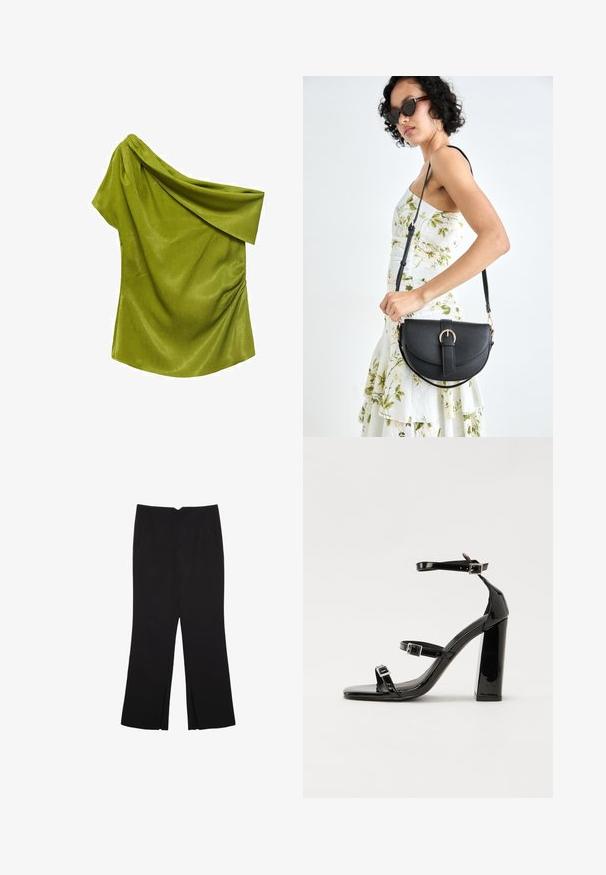 Zielona bluzka na jedno ramię wykonana z gładkiego materiału o drapowanym kroju. Posiada subtelną fakturę i marszczenia po bokach.; Czarne spodnie o prostym kroju, z przednimi kieszeniami i bocznymi rozcięciami na dole. Wykonane z miękkiego, gładkiego materiału. Odpowiednie na różne okazje.; Czarne lakierowane sandały na wysokim obcasie, z dwoma paskami zapinanymi na klamry, kwadratowy nosek i masywny obcas typu słupek, o gładkiej, błyszczącej fakturze.; Czarna skórzana torebka o zakrzywionym kształcie, z odpinanym paskiem i złotymi akcentami. Torebka posiada klapę z zapięciem w kształcie klamry.