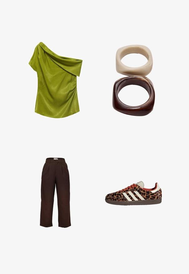 Vihreä olkaimeton toppi, joka on valmistettu sileästä kankaasta ja siinä on laskostettu muotoilu. Siinä on hienovaraista tekstuuria ja keräyksiä sivussa.; Korkeavyötäröiset, tummanruskeat leveälahkeiset housut, joissa on vyölenkit ja etuletteet, esiteltynä valkoista taustaa vasten.; Tennarit leopardikuosisesta mikrokuidusta, joissa on punaiset nauhat ja kolme valkoista raitaa sivuilla. Ominaisuuksina kermaisen värinen kieli ja ruskea pohja.; Stradivarius SET - Rannekoru - dark brown