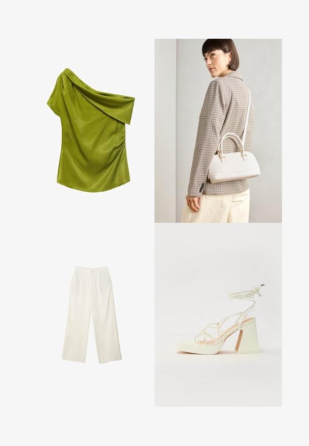 Top verde a spalla unica realizzato in tessuto liscio con un design drappeggiato. Presenta una sottile texture e arricciature sul lato.; Pantaloni a gamba larga in tessuto crema con una texture liscia, caratterizzati da un singolo bottone frontale, pieghe sottili e un design a vita alta.; Sandalo bianco con tacco alto, caratterizzato da un design a cinturini e un legaccio alla caviglia. Texture liscia con una piattaforma frontale per un'altezza aggiuntiva.; Borsa a mano bianca strutturata con manici corti e tracolla, dotata di dettagli in metallo dorato e materiale testurizzato, esposta su uno sfondo grigio.