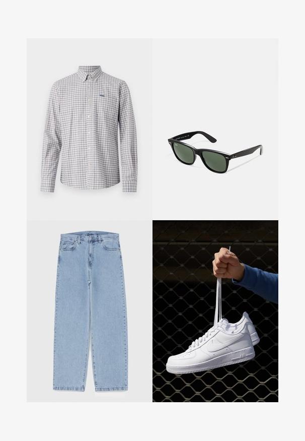 Koszula z guzikami w szaro-niebieską kratę, z długimi rękawami i kołnierzykiem. Posiada małe logo na kieszeni na piersi.; Jasnoniebieskie dżinsy o prostym kroju nogawki, z średnim stanem, pięcioma kieszeniami oraz zapięciem na guzik i zamek błyskawiczny.; Białe skórzane sneakersy z perforacjami, okrągłym noskiem, płaską podeszwą i grubymi sznurówkami, z widocznym logo swoosh i napisem „AIR” na pięcie.; Czarne plastikowe okulary przeciwsłoneczne z zielonymi szkłami, kwadratowe oprawki, srebrny akcent na brwi oraz fakturowane ramiona temple. Nazwa marki podana na wewnętrznej stronie ramion.