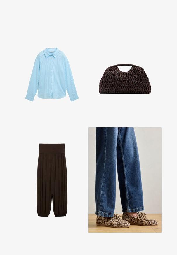 Camicia azzurro chiaro con bottoni, caratterizzata da strisce bianche verticali, colletto aperto, maniche lunghe e una vestibilità comoda. Realizzata in tessuto morbido.; Top a canotta a righe beige e nere con collo rotondo, abbinato a una gonna in pelle nera aderente con zip frontale e dettaglio della cintura.; Pantaloni marroni a pieghe con una ampia cintura elastica. Il tessuto è leggero e texture, con orli arricciati ai polsini.; Mocassini con stampa leopardata in suede, con punta rotonda, design con lacci e suole piatte e flessibili, abbinati a jeans di denim blu.; Borsa a tracolla intrecciata marrone con silhouette arrotondata, dotata di manico superiore e superficie testurizzata. Design compatto con base piatta per maggiore stabilità.