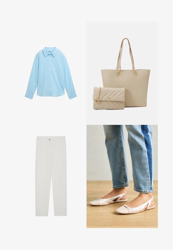 Světle modrá košile na knoflíky s vertikálními bílými pruhy, roztaženým límcem, dlouhými rukávy a volnějším střihem. Vyrobena z měkké látky.; Bílé kalhoty na míru s rovnými nohavicemi, se zapínáním na knoflík, poutky na opasek a bočními kapsami; hladká struktura látky.; Světle růžové slingback baleríny s špičatou špičkou, vyrobené z hladkého koženému materiálu. Obsahují vystřihovací detaily po stranách a plochý podpatek.; Beige taška přes rameno s plochými uchy, hladkým povrchem a zlatými detaily, doplněná o odpovídající prošívanou psaníčko s řetízkem.