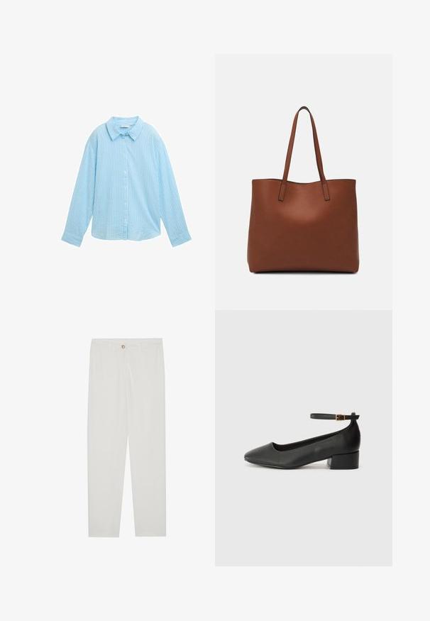 Lyseblå skjorte med knaplukning, der har lodrette hvide striber, spredt krave, lange ærmer og en afslappet pasform. Lavet af blødt stof.; Hvide, skrædderlavede bukser med lige ben design, udstyret med knaplukning, bæltesløjfer og sidelommer; glat stoftekstur.; Sorte læderpumper med spids tå og en lav blokhæl. Har en ankelrem med en guldfarvet spænde. Glat tekstur.; Brun læder tote taske med en glat overflade, åben topdesign og to skulderremme. Har minimal syning og ingen synlig hardware.