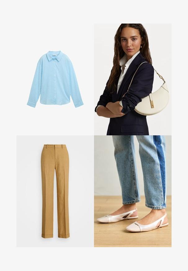 Lyseblå skjorte med knaplukning, der har lodrette hvide striber, spredt krave, lange ærmer og en afslappet pasform. Lavet af blødt stof.; Polo Ralph Lauren YARD LINEN FULL FLAT FRONT - Bukser - sand dune; Lyserøde slingback flade sko med spidse tær, lavet af et glat læderlignende materiale. Har udskæringsdetaljer på siderne og en flad hæl.; Hvid læderhandbag med en buet form, guldfarvet hardware og en tekstureret overflade, båret over en mørk blazer og hvid skjorte.