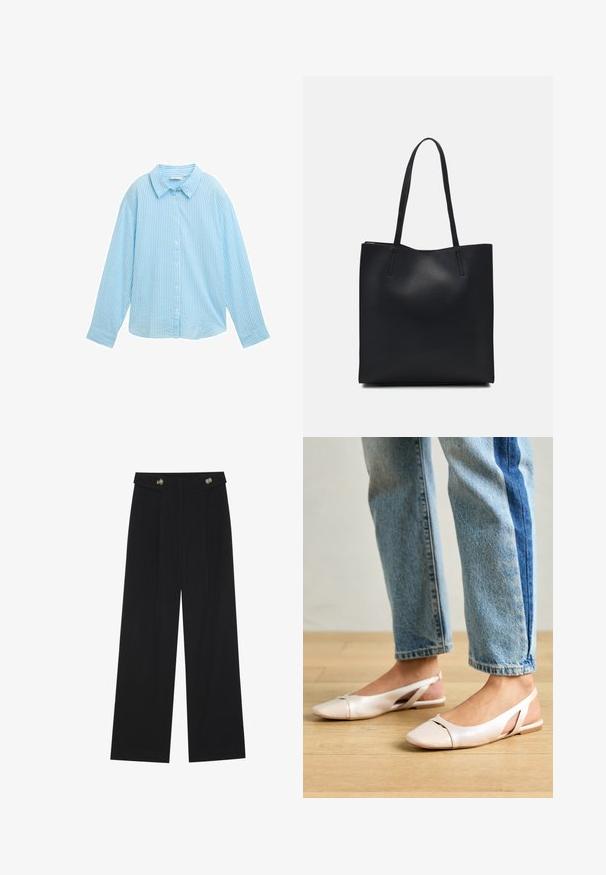 Gaiši zils pogājamais krekls ar vertikālām baltām svītrām, ar izplatītu apkakli, garām piedurknēm un brīvu piegriezumu. Izgatavots no mīkstas auduma.; Melnas platās bikses ar augstu jostasvietu, pogu detaļām uz jostas un priekšējām krokām.; Bālti rozā siksniņu dzīvokļi ar smailu purngalu, izgatavoti no gludas ādas līdzīgās materiāla. Iezīmē izgriezumu detaļas sānos un platu papēdi.; Melnas ādas somiņa ar gludu tekstūru, taisnstūra formu un divām garām rokturiem. Nav redzamu aparatūras vai rotājumu.