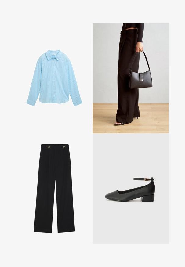 Cămașă butonată de culoare albastru deschis, cu dungi verticale albe, guler deschis, mâneci lungi și o croială lejeră. Fabricată dintr-un material moale.; Pantaloni negri cu picioare largi, talie înaltă, detalii cu butoane pe talie și pliseuri în față.; Pantof cu toc negru din piele, cu vârf ascuțit și toc mic pătrat. Dispune de o curea la gleznă cu o cataramă în tonuri de aur. Textură netedă.; Genți negre cu o formă structurată, textură netedă și un închizător metalic. Asortată cu pantaloni negri largi și sandale cu vârf deschis pe un podea din lemn.