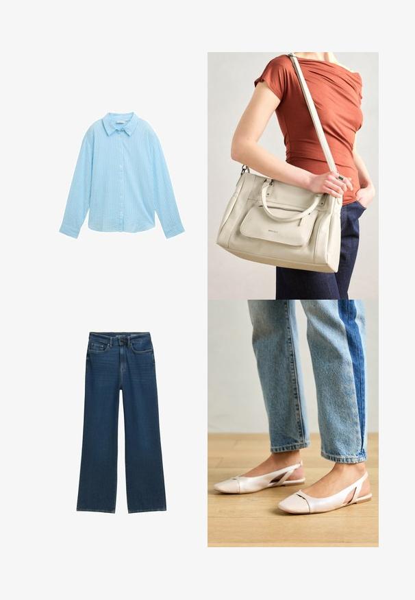 Lichtblauw overhemd met knopen, met verticale witte strepen, een gespreide kraag, lange mouwen en een relaxte pasvorm. Gemaakt van zacht materiaal.; Wijd gesneden denim jeans in donkerblauw, met een vijf-pocket ontwerp, knoopsluiting en subtiele stikdetails bij de naden.; Zachtroze slingback ballerina's met een spitse neus, gemaakt van een glad leerachtig materiaal. Bevat uitsnijdingen aan de zijkanten en heeft een platte hak.; Witte leren handtas met dubbele handgrepen en een afneembare schouderband, met een voorzak met rits en een gladde textuur. Draagend aan de arm van een persoon.