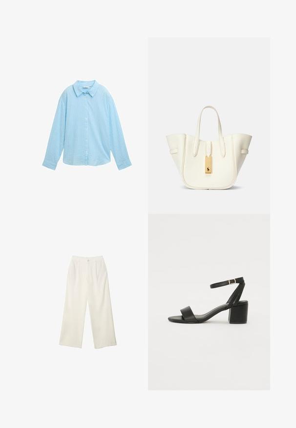 Vaaleansininen napillinen paita, jossa on pystysuoria valkoisia raitoja, leveä kaulus, pitkät hihat ja rento leikkaus. Valmistettu pehmeästä kankaasta.; Kermanhousut vaaleassa kankaassa, jossa on sileä rakenne, yksittäinen etunappi, hienovaraiset laskokset ja korkea vyötärömuotoilu.; Mustat korkokenkä-sandaalit, joissa on sileä nahkapinta, avoin varvas, leveät etuvarteen strapit ja säädettävä nilkkastrap, jossa on kultainen solkiyksityiskohta.; Valkoinen nahkainen olkalaukku, jossa on rakenteellinen muoto, voimakkaat saumat, kultainen varusteetietokortti ja kaksoiskahvat. Rakennepinnoite, jossa on sivutaskut.