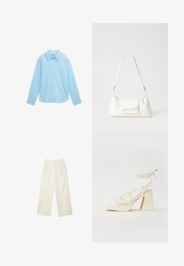 Hellblaues Button-Up-Hemd mit vertikalen weißen Streifen, Spread-Kragen, langen Ärmeln und lässiger Passform. Aus weichem Stoff gefertigt.; Helle Stoffhose mit weitem Bein und glatter Textur, ausgestattet mit einem einzelnen Knopf vorne, dezenten Falten und einem Hochbund-Design.; Weiße High-Heel-Sandale mit einem klobigen Absatz, die über ein Riemchendesign und ein Knöchelband verfügt. Glatte Textur mit einer Plattform vorne für zusätzliche Höhe.; Weiße synthetische Handtasche in dreieckiger Form, flache Vorderklappe und Schleifendetail, verstellbarer Trageriemen, glatte Textur und minimalistisches Design.