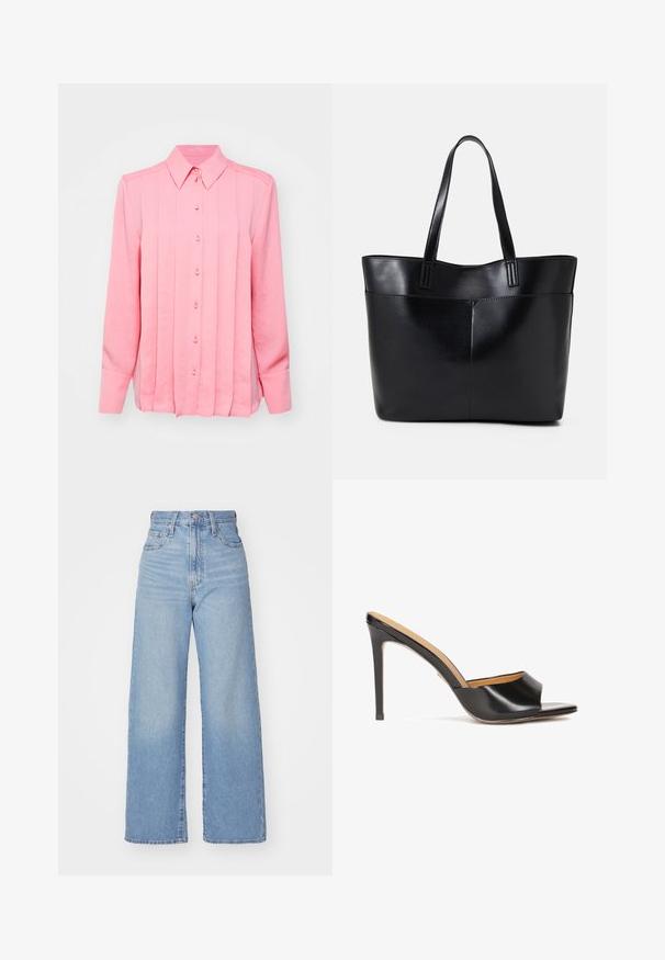 Camisa de manga larga rosa con cuello abotonado, que presenta pliegues verticales y seis botones en el frente, hecha de una tela suave y ligera.; Jeans de tiro alto y pernera ancha en azul claro, con cierre frontal de botón y cremallera, y bolsillos delantero y trasero, sobre un fondo blanco.; Mules de tacón abierto y negro con un acabado de cuero brillante, tacón en bloque afilado y una tira curva suave que atraviesa el empeine.; Bolso tote de cuero negro con dos asas largas, textura suave y forma estructurada. Cuenta con un bolsillo frontal para almacenamiento adicional.
