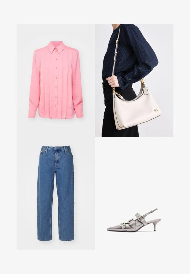 Chemise rose à manches longues avec col boutonné, présentant des plis verticaux et six boutons à l'avant, fabriquée dans un tissu lisse et léger.; Jeans en denim bleu clair avec une taille haute, une coupe droite, un style à cinq poches et une texture légèrement décolorée. Fermeture par rivet et bouton.; Escarpins argentés métalliques à talon slingback avec un bout pointu, dotés de trois larges lanières et de boucles métalliques carrées. Texture brillante et talon fin.; Un sac à main en cuir beige avec des finitions foncées, une silhouette courbée, des accessoires en doré et une bandoulière détachable, tenu sur le côté contre une tenue sombre.