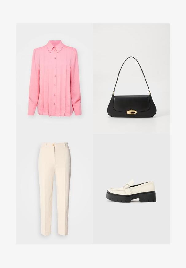 Vaaleanpunainen pitkähihaisella paidalla, jossa on napitettava kaulus, pystyröyhelöitä ja kuusi nappia edessä, valmistettu sileästä ja kevyestä kankaasta.; Kermanväriset, korkeavyötäröiset housut, jotka on valmistettu teksturoidusta kankaasta. Ominaisuuksia etunappi ja kapenevat lahkeet.; Valkoinen nahkainen loafers-kengät, joissa on paksu musta pohja, esillä suorakaiteen muotoinen hopeinen solki ja näkyvät ompelusaumat päällä.; Musta nahkainen käsilaukku, jossa on kaareva muotoilu, kultasävyiset yksityiskohdat ja yläkahva. Sisältää tyylikkään sulkijan ja sileän pinnan.