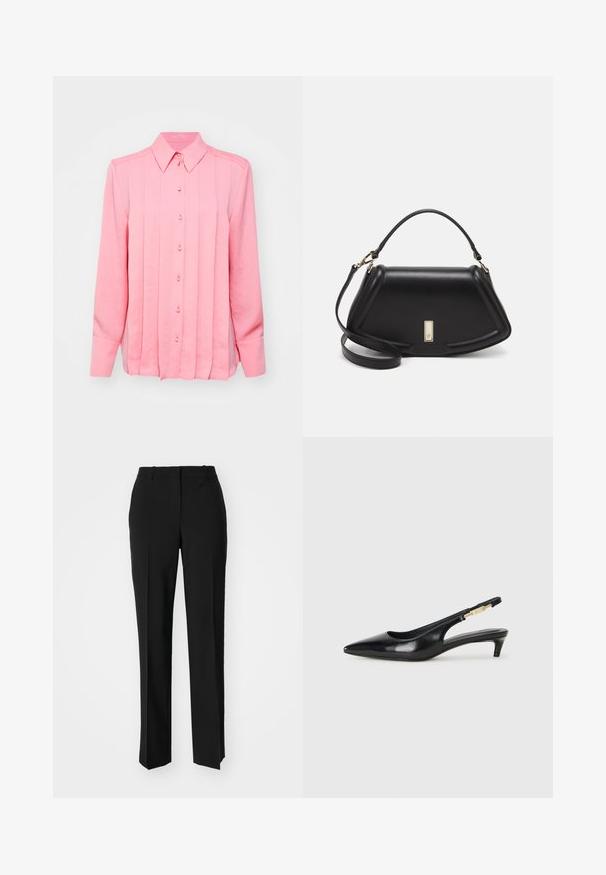 Pink long-sleeve shirt with a button-down collar, featuring vertical pleats and six buttons on the front, made of a smooth, lightweight fabric.; Black tailored trousers with a straight-leg design, featuring a smooth texture and crisp creases along the front. No visible hardware.; Black leather slingback heels with a pointed toe, featuring a slim heel and a gold-tone accent on the adjustable strap. Smooth texture.; Black leather handbag with a structured design, featuring a cropped shape, top handle, and gold hardware accent. Adjustable shoulder strap included.