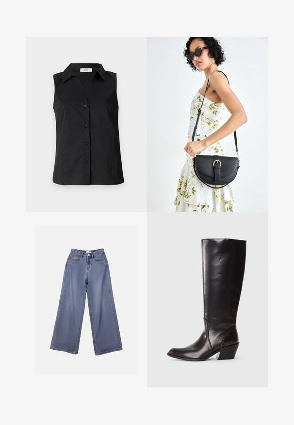 Camisa preta sem mangas com fecho frontal de botões, decote com colarinho e uma textura suave. Design simples sem padrões ou detalhes adicionais.; Calças de ganga de perna larga numa lavagem azul clara, com uma cintura alta, bolsos frontais e fecho de botão com passadores para cinto.; Bota de couro castanha escura até ao joelho, com bico apontado, salto bloco angular e textura suave e brilhante. Apresenta um design limpo e detalhes de costura.; Bolsa de couro preta com forma curva, alça destacável e detalhes em dourado. A bolsa possui uma aba com detalhe de fivela.