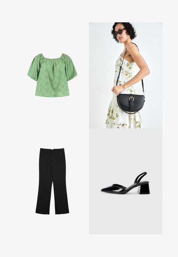 Blusa verde con scollo a quadrato, maniche corte a sbuffo e motivi a foglia texturizzati. Tessuto morbido con una vestibilità comoda.; Pantaloni neri a gamba dritta, con tasche frontali e spacchi laterali all'orlo. Realizzati in tessuto morbido e liscio. Adatti a diverse occasioni.; Décolleté in vernice nera con punta affusolata e tacco in geometria cubica. Presentano un design elegante e minimalista, con una texture liscia.; Borsa a tracolla nera in pelle con una forma curva, manico rimovibile e accessori dorati. La borsa presenta una patta con un dettaglio a fibbia.
