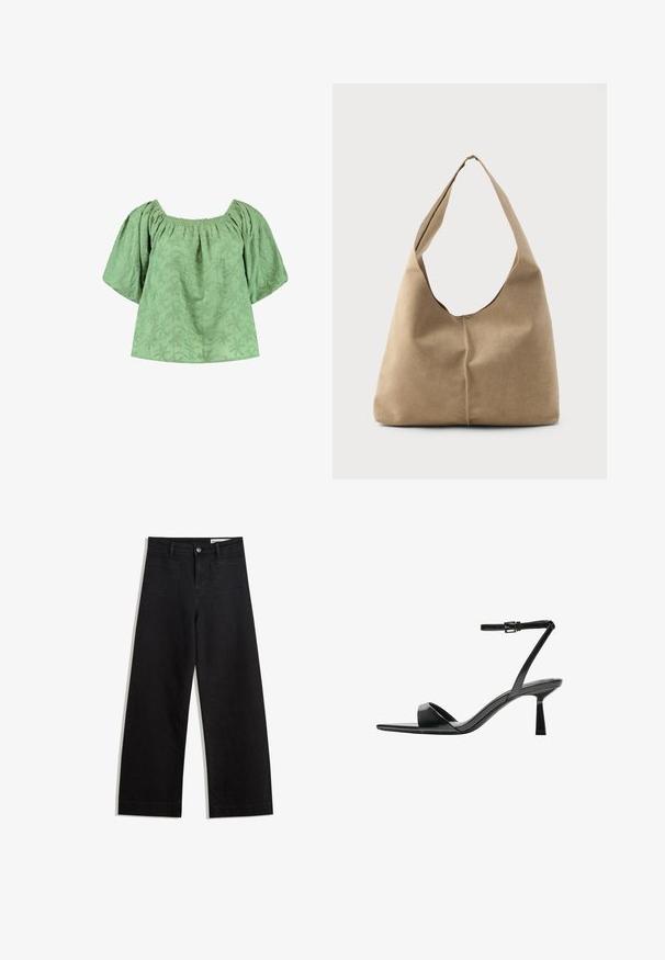 Zöld blúz négyzet alakú nyakkivágással, rövid puffos ujjakkal és texturált levélmintákkal. Puha anyag, laza fazonban.; Fekete, bő szabású farmernadrág magas derékkal, elülső és hátsó zsebekkel, varrott felületekkel és gombos záródással. Sima textúra.; Bershka Magas sarkú szandálok - black; Puha bézs velúr hobo táska laza formával, széles vállpánttal és kézzel varrt varrási részlettel az elején.
