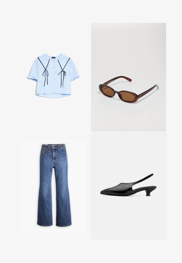 Blusa curta azul clara com mangas curtas bufantes, laços de fita preta na parte da frente, botões semelhantes a pérolas e um colarinho largo.; Jeans de denim azul de cintura alta com um design de perna larga, apresentando um bolso frontal, fecho de botão de latão e costura em contraste.; Saltos slingback em couro preto com bico fino, lados abertos e um salto curto e ligeiramente alargado. Textura suave e design minimalista.; Óculos de sol redondos, com uma tonalidade castanha e uma armação glossy em bordeaux. Braços finos com um detalhe discreto de marca. Design de lentes planas.
