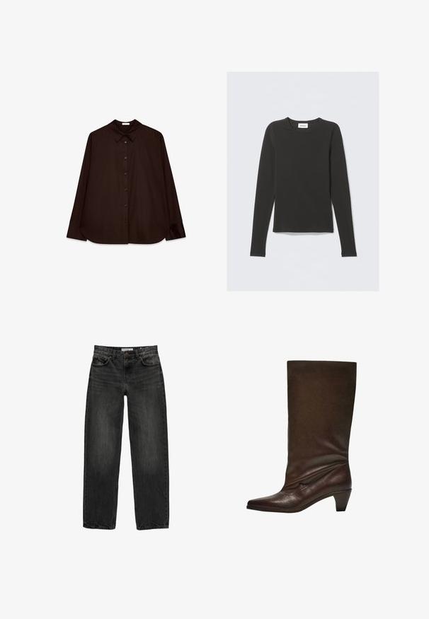Bruine overhemd met knopen en een klassieke kraag, lange mouwen en een rechte snit. Zachte textuur en minimalistisch ontwerp zonder patronen.; Zwarte lange mouwen crew neck shirt met een klein wit label met de tekst "WEEKDAY" binnenin de kraag, weergegeven op een lichte achtergrond.; Zwarte denim jeans met een relaxte pasvorm, rechte pijpen, vijf-pocket ontwerp en een licht vervaagde textuur. Knop- en ritssluiting aan de voorkant.; Donkerbruin leren laars tot net onder de knie met een lage stapelhak, puntige neus en een lichtslappe schacht op een witte achtergrond.