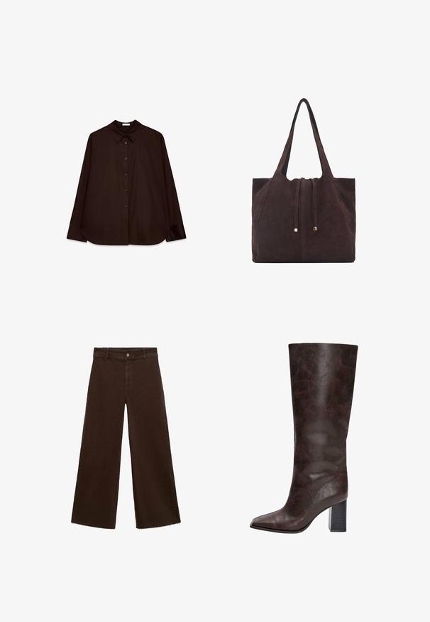 Braunes Hemd mit Knöpfen, klassischem Kragen, langen Ärmeln und geradem Schnitt. Weicher Stoff und minimalistisches Design ohne Muster.; Braune, weit geschnittene Hosen aus Baumwollmischung mit fransigem Saum, vorderem Knopfverschluss und klassischem Fünf-Taschen-Design. Minimalistisch und vielseitig.; Braune Kunstleder kniehohe Stiefel mit einer spitzen Zehenform, einer strukturierten Oberfläche und einem klobigen schwarzen Absatz. Glatte Oberfläche, minimale Details.; Mango Shopping Bag - dark brown
