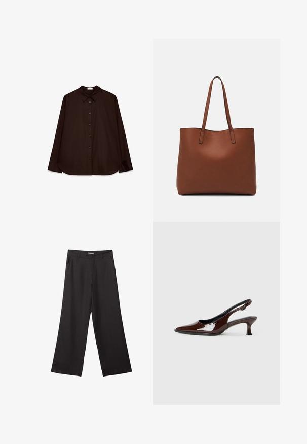 Brown button-up shirt with a classic collar, long sleeves, and a straight cut. Soft texture and minimalistic design with no patterns.; Black wide-leg trousers made of smooth fabric, featuring a front zipper and two side pockets, with a tailored fit and minimalistic design.; Brown patent leather slingback shoe with a pointed toe and a moderate heel. Features a buckle strap for secure fit. Smooth texture.; Brown leather tote bag with a smooth texture, open top design, and two shoulder straps. Features minimal stitching and no visible hardware.