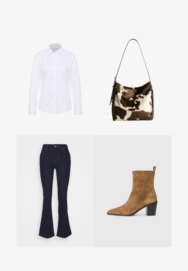 Hvid langærmet skjorte lavet af glat stof, med klassisk krave, frontlukning med knapper og en skræddersyet pasform.; Marks & Spencer Eva - Jeans Bootcut - blue denim; Brune ruskinds ankelsko med spids tå og en kraftig sort hæl, præsenteret mod en neutral baggrund.; Brun og creme farvet koe læder skuldertaske med en glat læderrem, lynlås lukning og en blød, tekstureret overflade med et naturligt mønster.
