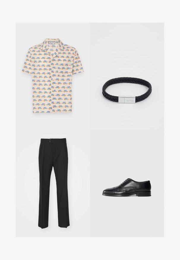 Chemise à manches courtes en tissu crème clair avec un imprimé ludique d'escargots bleus et de fleurs rouges. Dispose d'un col et de boutons blancs.; Pantalons noirs ajustés avec une coupe droite, deux poches avant et une fermeture à double bouton à la taille. Tissu au toucher lisse.; Chaussure habillée en cuir noir avec un bout arrondi, une texture lisse, un design à lacets et un détail de couture subtil, dotée d'un petit talon plat.; Bracelet en cuir tressé noir avec un fermoir en acier inoxydable argenté portant le nom gravé "Paul Smith". Texture lisse et design circulaire.