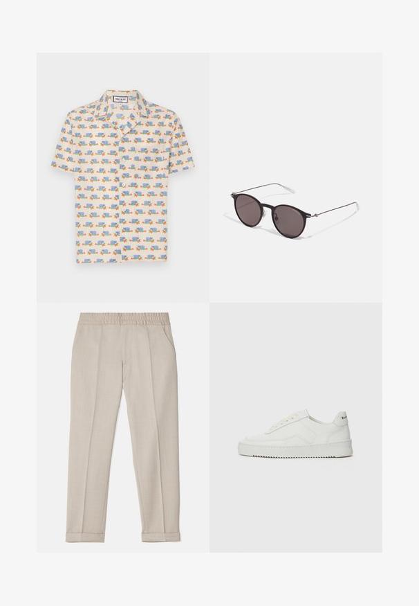 Chemise à manches courtes en tissu crème clair avec un imprimé ludique d'escargots bleus et de fleurs rouges. Dispose d'un col et de boutons blancs.; Filippa K TERRY CROPPED TROUSERS - Pantalon classique - sage melange; Baskets en cuir blanc avec une finition lisse, bout arrondi, lacets plats et semelle texturée. Présente un logo discret sur le talon.; Lunettes de soleil noires rondes avec verres sombres et branches en métal fines. Comprend des embouts transparents et des accents argentés au niveau de la charnière. Design minimaliste.