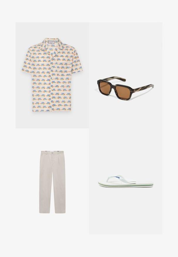 Kurzarmhemd aus hellem Creme-Stoff mit einem verspielten Druck von blauen Schnecken und roten Blumen. Verfügt über einen Kragen und weiße Knöpfe.; Helle beigefarbene Hose aus weichem Stoff, mit geradem Schnitt, zwei seitlichen Taschen und einem Frontknopfverschluss. Leicht und mit glatter Textur.; Weiße Flip-Flops mit strukturierter Innensohle, schlanken Riemen und einer mehrfarbigen Akzentlinie an der Sohle. Mit Logo auf dem Riemen.; Plastiksonnenbrille mit einem Schildkrötenmuster, oktagonalen braunen Gläsern und dünnen goldenen Hardwareakzenten am Gestell.