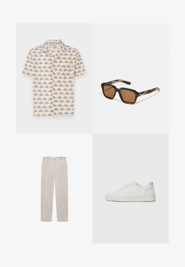 Kortærmet skjorte i lysecreme stof med et legende print af blå snegle og røde blomster. Har krave og hvide knapper.; Lys beige bukser lavet af blødt stof, med lige pasform, to sidelommer og en frontlukning med knap. Letvægts og glat tekstur.; Hvide lædersneakers med en glat overflade, rund tå, flade snørebånd og en tekstureret sål. Har et diskret logo på hælen.; Plastik solbriller med skildpadde mønster, oktagonale brune linser og tynde guldfarvede detaljer på stellet.