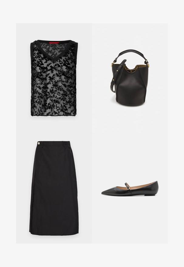 Schwarzes ärmelloses Oberteil mit einem durchsichtigen floralen Spitzenoverlay, V-Ausschnitt-Design und schwarzem Rand entlang des Ausschnitts und der Armlöcher.; Schwarz knielanger Rock aus glattem Stoff, mit einem Schlitz vorne und einem metallischen Knopfakzent am Bund.; Schwarze Leder-Ballerinas mit spitzer Zehe und einem Seitenriemen, der mit einem runden goldenen Akzent verziert ist. Leichtgewichtig mit einer flachen Sohle.; Schwarze Leder-Eimerhandtasche mit strukturierter Oberfläche, goldenen Hardware-Akzenten und offenem Design. Verfügt über einen kurzen Griff und einen verstellbaren Schultergurt.