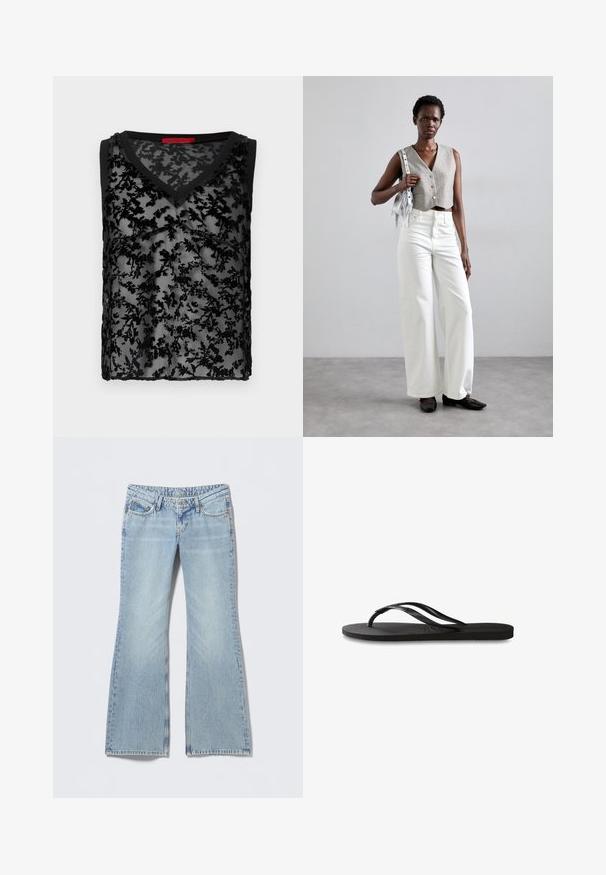 Top senza maniche nero con sovrapposizione in pizzo floreale trasparente, design a V e rifiniture nere lungo il colletto e le aperture delle maniche.; Jeans a zampa di tonalità azzurro chiaro con finitura sbiadita, design a cinque tasche e cuciture a contrasto. Denim di cotone con una texture liscia.; Infradito neri con suola in gomma testurizzata, due cinghie sottili e un sottile dettaglio del logo impresso sulla cinghia.; Gilet grigio corto con bottoni, abbinato a jeans bianchi a gamba larga e scarpe basse nere. Accessoriato con una piccola borsa argento con frange.