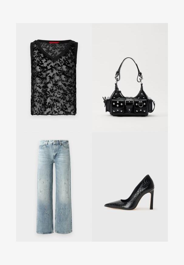 Zwarte mouwloze top met een doorzichtige bloemenkant overlay, V-hals ontwerp en zwarte rand langs de halslijn en armgaten.; Lichtblauwe wijde spijkerbroek van denim, met een kleurverloop en versieringen van zilverkleurige strassstenen in een verticaal patroon.; Zwarte puntige hoge hak schoen met een krokodillenleren textuur, met een slank ontwerp, hoge stiletto-hak, en een gladde zwarte binnenkant.; Zwarte lederen handtas met een gebogen ontwerp, voorzien van zilveren studs, een gesp en twee zijvakken. Verstelbare schouderband voor verschillende draagmogelijkheden.