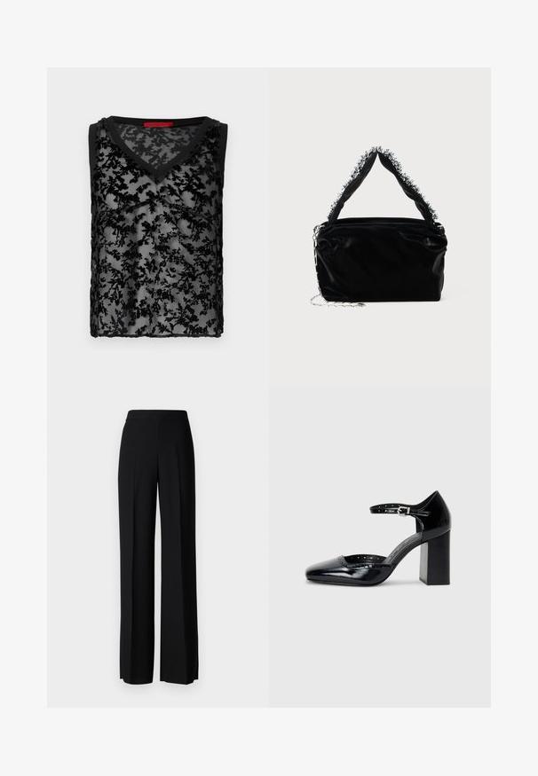 Fekete ujjtalan felső, átlátszó virágos csipke borítással, V-nyakkivágással és fekete szegéllyel a nyakrészen és a karpántokon.; Fekete, széles szárú nadrág sima tapintással, magas derékkal és középen pliszével. Nincsenek látható minták vagy fém részletek.; Fekete patent bőr, magas sarkú cipők négyzetes orral, bokapánttal és vastag sarkal. A szélén lyukacsos díszítéssel.; Fekete műbőr kézitáska texturált felülettel, amelyen gyöngyökkel díszített ezüstszínű kiegészítő található a felső fogantyún, valamint láncos pánt.