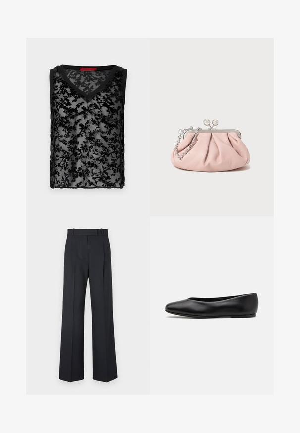 Schwarzes ärmelloses Oberteil mit einem durchsichtigen floralen Spitzenoverlay, V-Ausschnitt-Design und schwarzem Rand entlang des Ausschnitts und der Armlöcher.; Dunkelblaue Nadelstreifenhosen mit hoher Taille, weit geschnittenem Bein und ohne sichtbare Beschläge oder Verzierungen. Glatte Textur und taillierte Passform.; Paul Smith TOPANGA - Klassischer Ballerina - black; Rosa Leder-Clutch mit einem gerafften Design, Metallrahmen, zwei runden Verschlüssen und einem silbernen Kettenriemen. Glatte Textur, kompakte Form.