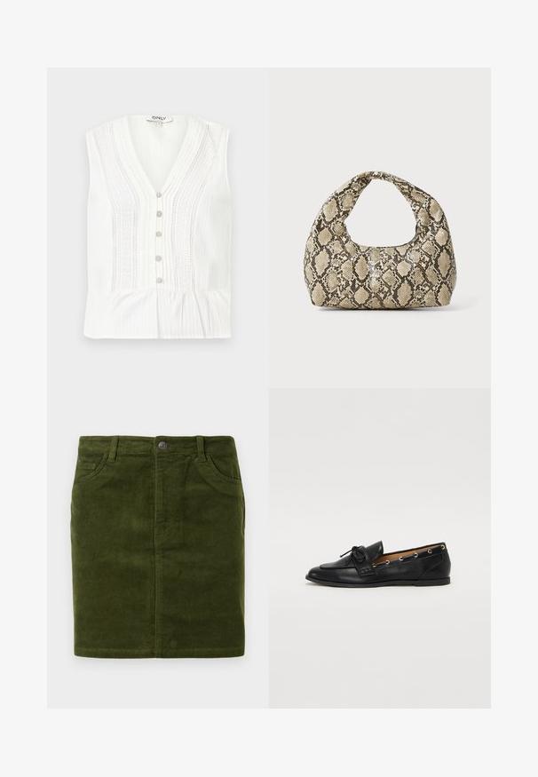 White sleeveless top with a V-neck, featuring vertical stripes, intricate lace patterns, and a button line with pastel-colored buttons.; Dark green corduroy skirt with a straight cut, featuring a five-pocket design and a metal button closure at the waist.; Black leather loafers with a tied bow, featuring gold eyelet accents along the sides and a flat rubber sole. Smooth texture, classic design.; Snake-print handbag with a curved handle. Made from textured, beige and brown materials, featuring a distinctive diamond pattern.