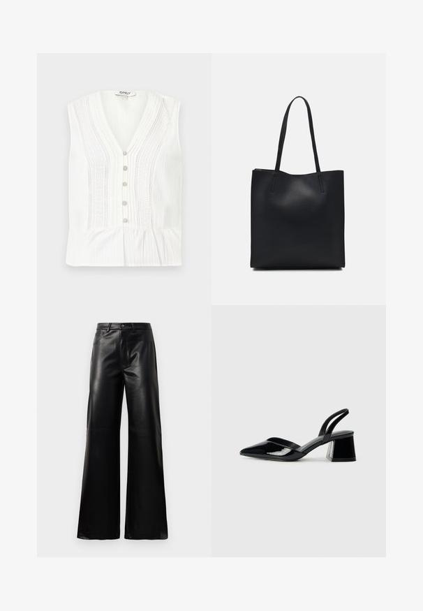 White sleeveless top with a V-neck, featuring vertical stripes, intricate lace patterns, and a button line with pastel-colored buttons.; Black high-waist wide-leg faux leather pants with front button, zip closure, belt loops, and side pockets on white background.; Black patent leather slingback heels with a pointed toe and a geometric block heel. Features a sleek, minimal design and smooth texture.; Black leather tote bag with smooth texture, rectangular shape, and two long handles. No visible hardware or embellishments.