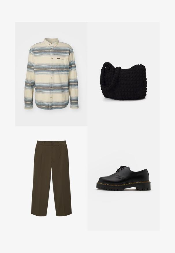 Camicia a maniche lunghe con bottoni in crema con strisce orizzontali blu e grigie. Presenta un colletto con bottoni e una tasca sul petto.; Pantaloni marroni, dal fit morbido, realizzati in tessuto morbido con frontale piatto, tasche laterali e chiusura con bottone in vita. Design semplice senza fantasie.; Scarpa nera in pelle con lacci, punta arrotondata, suola in gomma texturizzata e cuciture gialle attorno alla base. Design piatto e finitura liscia.; Borsa in tessuto nero con un motivo trapuntato e texture. Forma arrotondata, manici corti e spessi, e una struttura morbida e flessibile.