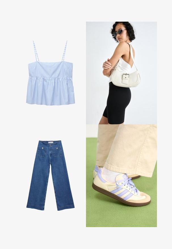 Sininen ja valkoinen raidallinen crops-toppi, jossa on ohuet säädettävät hihnat, laskostettu muotoilu ja levenevä helma. Valmistettu kevyestä kankaasta.; Denim leveled-leg farkut keskisinisellä pesulla, kahdella etupussilla, joissa on nappisuljenta, ja ommelluilla yksityiskohdilla helmoissa.; Kermasilta ja laventelilta näyttävät lenkkarit kolmella raidalla ja teksturoidulla ruskealla pohjalla, varustettuna nauhoilla ja pehmustetulla kantapäällä. Pehmeä kangaspinta.; Valkoinen nahkalaukku, jossa on kaareva muoto, säädettävä olkahihna ja pieni solk yksityiskohta. Mallilla on yllä tiukka musta asu.