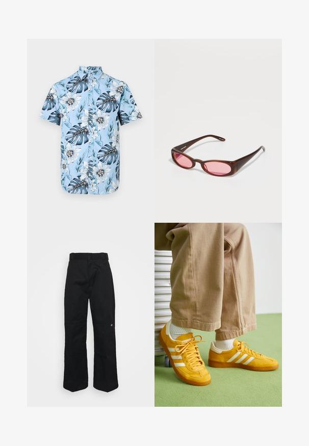 Šviesiai mėlynos spalvos trumpomis rankovėmis marškiniai, dekoruoti tropine gėlių tema su dideliais lapais ir gėlėmis, su mygtukų užsegimu priekyje.; Juodos plačios kelnės su lygiu paviršiumi, turinčios įprastą juosmenį ir mažą išsiuvinėtą logotipą šalia dešinės kojos.; Geltonos suedesnios kedai su baltomis juostelėmis, turintys guminį pado, audinių raištelius ir paminkštintą apykaklę, derinami su bežinėmis medvilninėmis kelnėmis.; Rudos atspalvių akiniai nuo saulės su baseilės, ilgos ovalo formos. Rėmeliai pagaminti iš blizgaus plastiko; lęšiai rožiniai su subtiliu kreivumu.