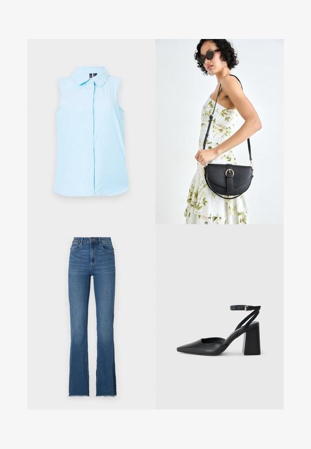 Camisa sem mangas azul claro com gola, riscas brancas verticais e um único botão de fecho à frente.; Jeans de ganga azul flare com uma cintura alta, apresentando uma bainha desfiada e um design de cinco bolsos. Textura suave com desbotamento subtil.; Sandal com biqueira afilada em couro preto, com cinta no tornozelo e salto grosso. Textura lisa, design elegante e estética minimalista.; Bolsa de couro preta com forma curva, alça destacável e detalhes em dourado. A bolsa possui uma aba com detalhe de fivela.