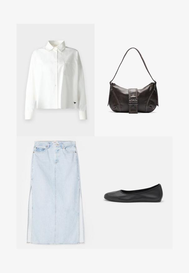 WEEKEND MaxMara Camicia - bianco; Gonna maxi in denim azzurro chiaro con taglio dritto, dotata di spacchi laterali e design a cinque tasche. Cuciture in evidenza e chiusura con bottone in metallo.; Pantofole da balletto nere in pelle con punta arrotondata, texture liscia, dettagli di cucitura minimi e design con suola flessibile.; Borsa a spalla in pelle marrone con una forma curvata, caratterizzata da un evidente dettaglio a fibbia, cuciture a contrasto e una sola tracolla.