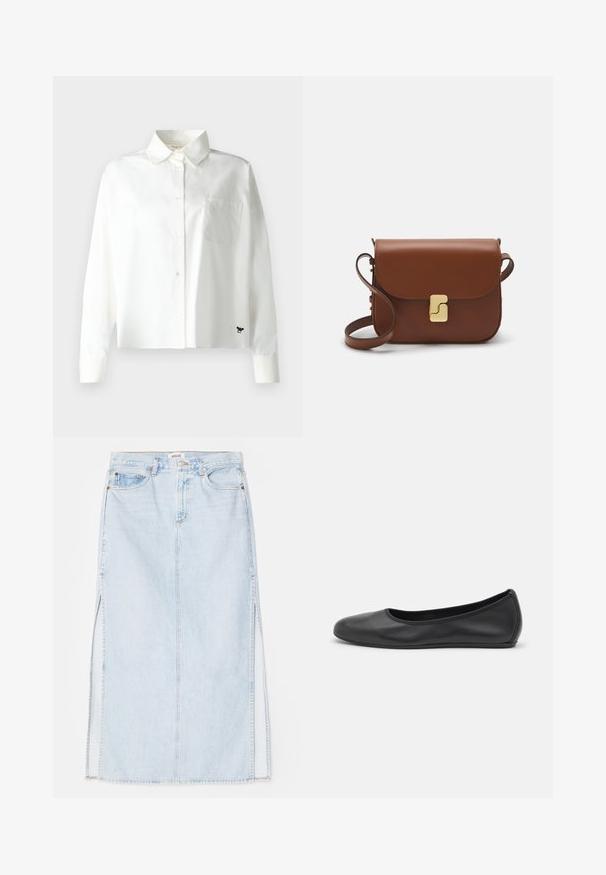 WEEKEND MaxMara Hemdbluse - bianco; Hellblaue Jeans-Maxi-Rock mit geradem Schnitt, ausgestattet mit seitlichen Schlitzen und einem Fünf-Taschen-Design. Auffällige Nähte und Metallschnappverschluss.; Schwarze Leder-Ballettschuhe mit abgerundeter Spitze, glatter Textur, minimalen Nähdetails und einem flexiblen Sohlen-Design.; Braune Ledertasche mit Klappenverschluss, Beschlägen in Goldfarbe, einem Schultergurt und einer glatten Oberfläche. Kompakte rechteckige Form.