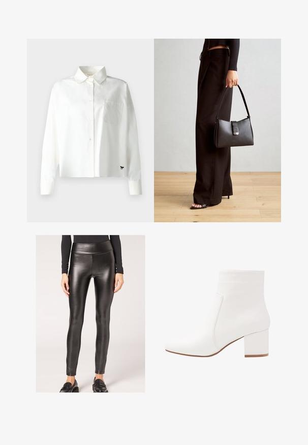 WEEKEND MaxMara Blusa - bianco; Leggings de poliéster negro de imitación cuero con una textura suave y un diseño ajustado, que presentan una silueta elegante y un detalle mínimo.; Botines blancos hasta el tobillo con un acabado suave, puntera cuadrada y un tacón block de altura media. El detalle de las costuras acentúa el diseño minimalista.; Bolso negro con forma estructurada, textura suave y un cierre metálico. Combinado con pantalones anchos negros y sandalias de dedo en un suelo de madera.