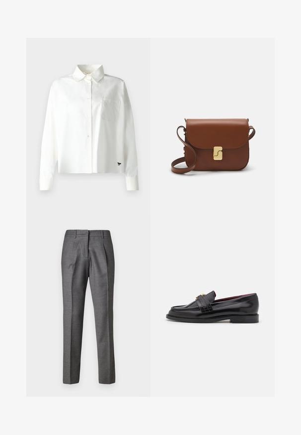WEEKEND MaxMara Bluza z gumbi - bianco; Sive hlače z naramnicami z gladko teksturo, dvema sprednjima plisoma in obliko slim-fit. Imajo standardni pas in raven kroj nogavic.; Črne usnjene loafers čevlje z nežnim vzorcem, gladko teksturo, podrobnostmi z zlatimi zaponkami in zaobljenim prednjim delom, postavljeni na nizkem črnem podplatu.; Rjava usnjena torbica s poklopcem, zlato obarvani okovi, naramnica in gladka tekstura. Kompaktna pravokotna oblika.