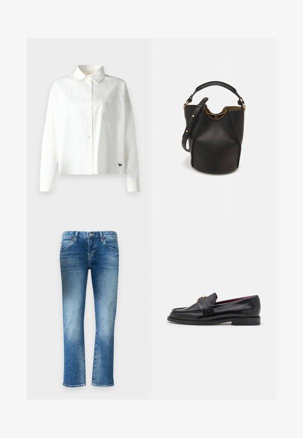 Weekend Max Mara Paitapusero - bianco; Vaaleansiniset farkut suoran lahkeen muotoilulla, hienovaraisella haalistuella ja keskipitkällä vyötäröllä. Varusteena viisi taskua ja vyölenkit.; Mustat nahkakengät, joissa on ommeltu kuvio, sileä pinta, kultainen solkiyksityiskohta ja pyöreä kärki, asetettu matalalle mustalle pohjalle.; Mustan nahka-buckettikassi, jossa on teksturoitu pinta, kultaiset metalliosat ja avoin yläosa. Ominaisuuksiin kuuluu lyhyt kahva ja säädettävä olkahihna.