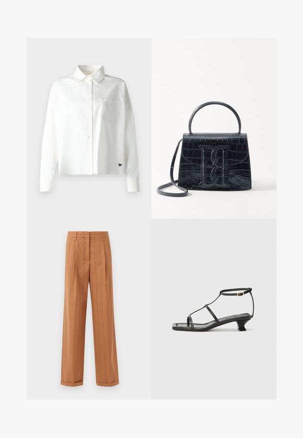 WEEKEND MaxMara Overhemdblouse - bianco; Bruine broek met streepdessin, uitgevoerd in een taillerende ontwerp met plooien, een rechte snit en een omgeslagen zoom. Gemaakt van een gladde stof.; Zwarte leren sandaal met een vierkante neus, dunne banden, een verstelbare enkelriem en een lage hak. Heeft een kleine gouden accent op de band.; Zwarte handtas van krokodillleer met een gestructureerd ontwerp, bovenhandvat, verstelbare schouderband en een opvallend voorlogo.